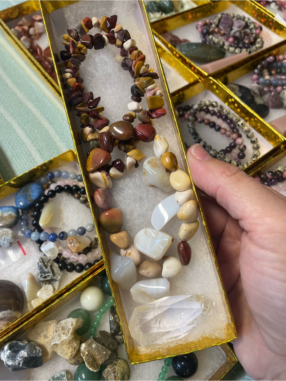 Mookaite tumble and chip three bracelet set with crystals. Goodie gift box